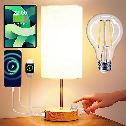 【𝟮𝟬𝟮𝟯 𝙐𝙥𝙜𝙧𝙖𝙙𝙚𝙙】 Table Lamp Touch Bedside Lamp for Bedroom with USB-C USB-A Charging Ports&Outlet 3-Way Dimmable Small Nightstand Lamp for Living Room,Home Office,Dorm(Light Bulb Included)