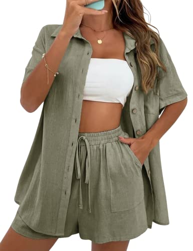 QIBABU Women's Linen Shorts Sets 2 Piece Summer Short Sleeve Top and Shorts Sweatsuit Set Vacation Beach Outfits(1521-ArmyGreen-M-QB)