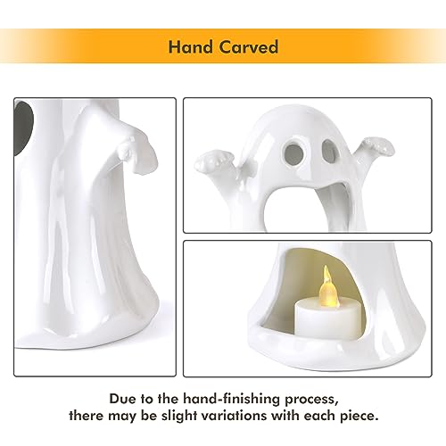 Sunlit Ceramic Ghost with 3 Tea Lights, Spooky Candle Holder Set of 3, Tabletop Indoor Halloween Decorations for Holiday Party Home, White