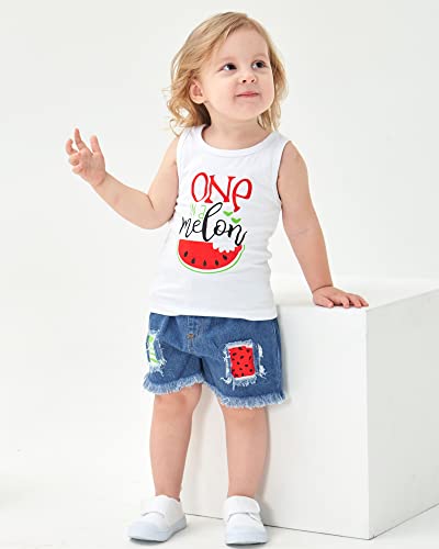 Mikrdoo Toddler Girl Summer Outfits Sleeveless Watermelon Tank Top + Denim Shorts Clothing Set (12-18 Months, White)