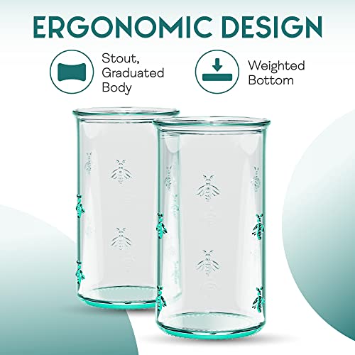 Amici Home Regina Hiball Glass | 18 Oz | Italian Made, Recycled Green Glass | Drinking Glass with Embossed Bee Design for Water, Juice, Iced Tea, Cocktails (Set of 6)