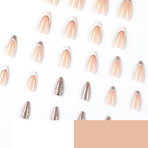 Press on Nails Medium Almond White French Tip Almond Fake Nails Nude Full Cover False Nails with Glod Glitter Designs Glossy Glue on Nails Artificial Acrylic Nails for Women Girls 24 Pcs