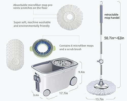 Michao Spin Mop Bucket Deluxe 360 Spinning Floor Cleaning System with 6 Microfiber Replacement Head Refills,62" Extended Handle,4X Wheel for Home Cleaning