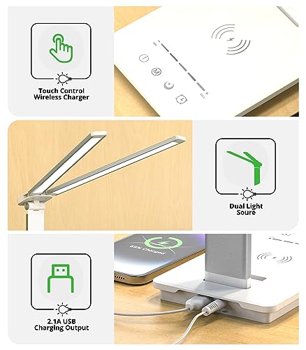 HSicily LED Desk Lamp with Wireless Charger, Dual Swing Arm Desk Lamps for Home Office, Modern Desk Lamp with USB Charging Port for College Dorm Room, 5 Light Modes Desk Light with Timer, Night Light