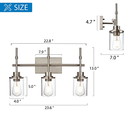 MELUCEE Bathroom Light Fixtures Over Mirror 3 Lights, Modern Vanity Lighting Brushed Nickel Finish, Indoor Wall Mount Lamp with Clear Glass Shade for Living Room Dining Room Kitchen