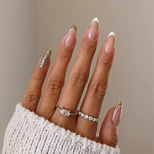 Press on Nails Medium Almond White French Tip Almond Fake Nails Nude Full Cover False Nails with Glod Glitter Designs Glossy Glue on Nails Artificial Acrylic Nails for Women Girls 24 Pcs