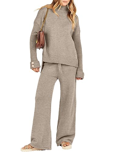 Caracilia Women's Two Piece Outfits Sweater Sets Long Sleeve Sweatsuit Jogger Pants Lounge Sets Knit Pullover Wide Leg Pants 2023 Fall Winter Fashion Clothes 2 Piece Tracksuit B1022huatuo-XL Camel