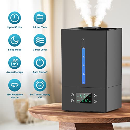 6L Humidifiers for Bedroom Large Room, Cool Mist Humidifiers for Baby Nursery Plants with Essential Oils Diffuser, 360° Rotatable Double Spray Outlet Nozzle, Auto-Shut Off, Sleep Mode,Quiet