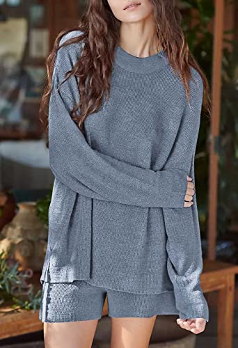 Viottiset Women's 2 Piece Outfits Lounge Shorts Set Oversized Sweater Top Loungewear Sweatsuit Haze Blue M