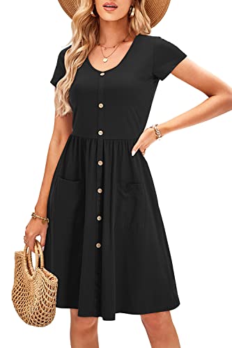 OUGES Womens Summer Short Sleeve Midi Dresses Button Down V Neck Skater Dress with Pockets(Black395,S)