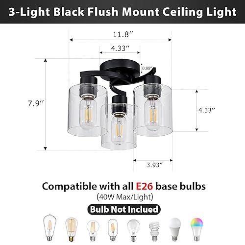 Flush Mount Ceiling Light, 3-Light Close to Ceiling Light Fixtures, Matte Black Bedroom Light Fixtures with Clear Glass Shades, Hallway Light Fixtures with E26 Socket for Kitchen Entryway Foyer