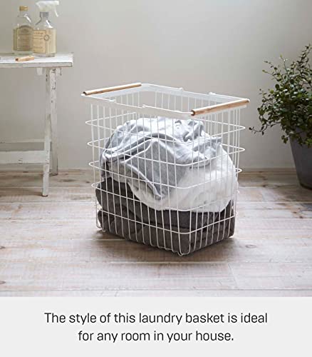 YAMAZAKI Wire Home Wooden Handles | Steel + Wood | Large | Laundry Basket, White