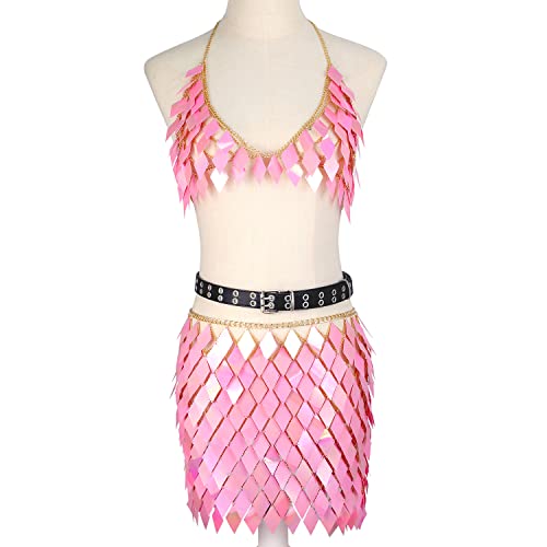 Sequins Tassels Body Chain Gold Bra Skirts Set Sexy Bikini Pink Rave Festival Party Beach Fashion Accessories Jewelry for Women and Girls