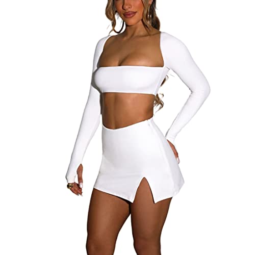 Azhong Women’s 2 Piece Set Long Sleeve Square Neck Crop Top Bodycon Mini Club Party Skirt Set