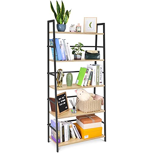 5 Tier Bookshelf Industrial Ladder Shelf Open Display Storage Rack Wood Bookcase with Metal Frame, Freestanding Storage Shelves for Home Office, Living Room, Bedroom, Kitchen