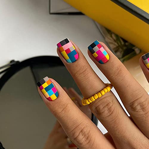 Press on Nails Medium Square Fake Nails Full Cover False Nails with Colorful Mosaic Designs Matte False Nails with Nail Glue Acrylic Nails Artifiical Nails for Women Girls 24 Pcs