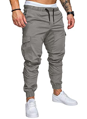 JMIERR Men's Fashion Cargo Pants - Casual Cotton Tapered Stretch Twill Chino Athletic Joggers Sweatpants Drawstring Workout Trousers with Pockets for Men Slim Fit, US 32(S), A Grey 2