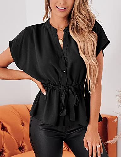 Womens Button Down Blouses Casual Peplum Summer Tops Dressy Chiffon Work Blouse Black