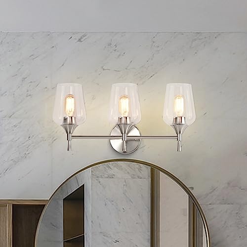 Edvivi 3-Light Vanity Lights, Modern Brushed Nickel with Clear Glass Shade Bathroom Light Fixtures, Wall Light for Mirrors, Bedroom, Living Room, Hallway