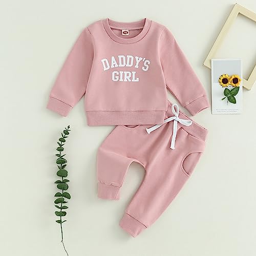 CREAIRY Newborn Baby Girl Outfits Daddy’s Girl Sweatshirt Long Sleeve T-Shirt Tops Pants Set Sweatsuit Toddler Fall Clothes (Pink, 12-18 Months)