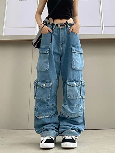 Women's Baggy Cargo Pants Y2K Clothing Multi-Pocket Relaxed Fit Jeans Fairy Grunge Clothes Alt Emo Streetwear (Blue Jeans,2XL)