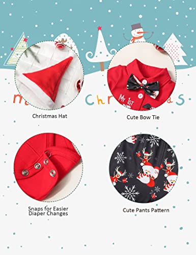 AGAPENG Baby Boy Christmas Outfit My First Christmas Baby Boy Outfit Infant Gentleman Romper with Bow Tie Suspender Pants Hat 0-3 Months Baby Christmas Outfit Boy 3Pcs Clothes Set