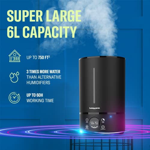 HUMIDIMASTER 2023 6L Cool Mist Humidifiers for Bedroom Large Rooms, 1.6 Gallon Top Fill Ultrasonic Humidifier, Quiet Effective for Home - 60 hours, 360° for Kids, Babies, Essential Oils Diffuser