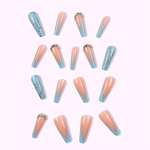 MISUD Long Coffin Press on Nails Ballerina Fake Nails Glossy Glue on Nails Blue French Tip Acrylic Nails Bling Glitter Artificial Nails 3D Rhinestone Stick on False Nails with Gradient Design 24 pcs