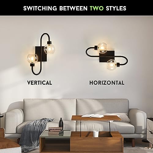 Bathroom Light Fixtures, Wall Sconces Lighting 2 Light Matte Black Finish Vanity Light Modern Wall Lighting Fixture with Clear Glass Shades Bath Wall Lamps for Mirror Bedroom Hallway Living Room