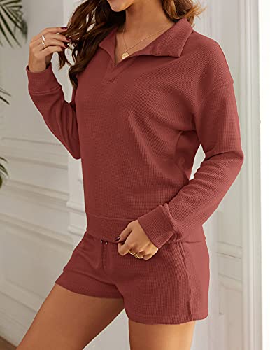 MEROKEETY Women's 2 Piece Waffle Knit Lounge Sets Long Sleeve Shorts Jogger Outfits Pjs Brickred