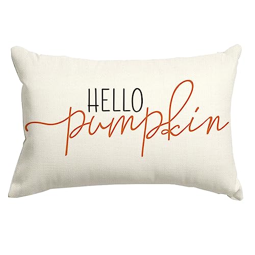 RABUSOFA Fall Throw Pillows Covers 12x20 Inch,Autumn Hello Pumpkin Pillows Decorative Throw Pillows,Lumbar Outdoor Thanksgiving Cushion Cover Farmhosue Fall Decor for Bedroom Couch Sofa White