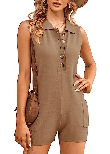 Tymidy Womens Knit Rompers Sexy V Neck Button Down sweater romper Sleeveless Shorts Jumpsuits Maternity Outfits with Pockets