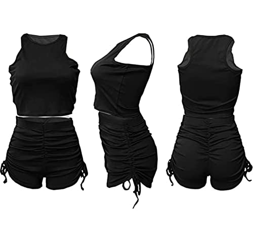 Summer Two Piece Outfits for Women, Casual Stretchy Ribbed Tank Crop Top Drawstring Ruched Shorts Set Workout Tracksuits (Black,L)