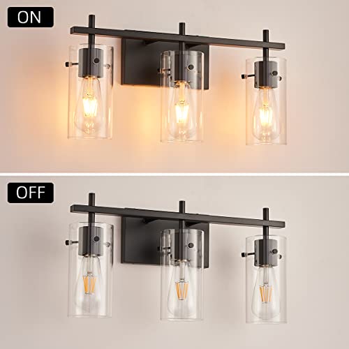 Black 3-Light Vanity Light Fixture, Wall Sconce Lighting with Glass Shade, Modern Wall Lights Over Mirror Vanity Lamp (Black, 3-Light)