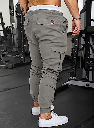 JMIERR Men's Fashion Cargo Pants - Casual Cotton Tapered Stretch Twill Chino Athletic Joggers Sweatpants Drawstring Workout Trousers with Pockets for Men Slim Fit, US 32(S), A Grey 2