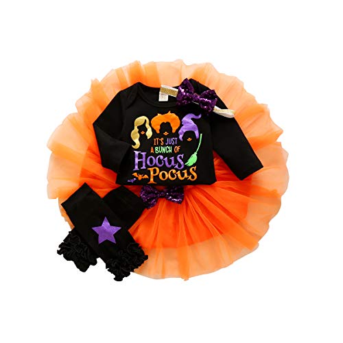 Guodeunh Baby Girl Halloween Thanksgiving Outfits Costume My 1st Halloween Pumpkin Romper+Tutu Skirt+ Striated Leg Warmer+ Headband (0-3 Months, Hocus Pocus)