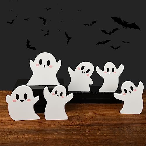 6 Pcs Halloween Decorations White Ghost Miniature Wooden Signs Cute Distressed Cutouts Whimsical Fall Table Centerpieces for Manterl Shelf Tiered Tray Home Kitchen Party Decor