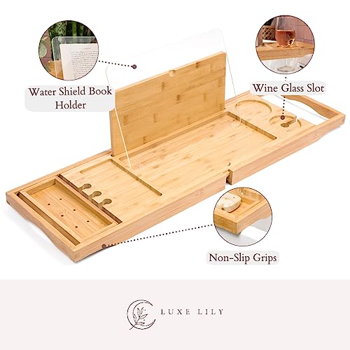 Luxe Lily Bathtub Tray | Holds Book Open with Removable Water Shield | Luxury Bath Tray | Extendable Bath Tub Tray Table | Bath Tray for Tub with Wine Holder | Bathtub Caddy for Home