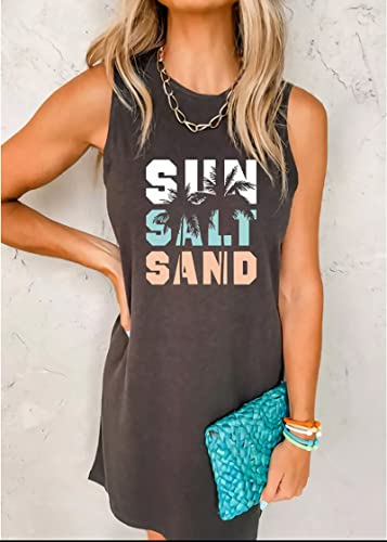 Sun Salt Sand Coconut Tree Sleeveless Mini Dress Casual Sleeveless Summer Beach Vacation Women Workout Mini Dress(Medium,Gray-1)