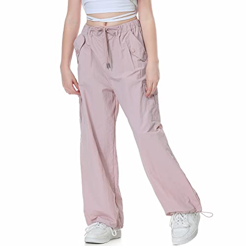 Rolanko Girls Parachute Pants, Cargo Pants for Girls Baggy Y2K Loose Jogger Trousers with Pockets (Pink, 12-14)