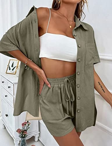 QIBABU Women's Linen Shorts Sets 2 Piece Summer Short Sleeve Top and Shorts Sweatsuit Set Vacation Beach Outfits(1521-ArmyGreen-M-QB)