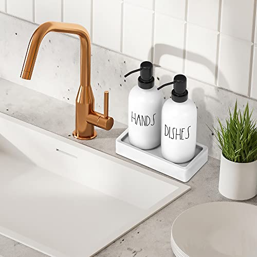 White Glass Kitchen Soap Dispenser Set with Tray by Brighter Barns - Hand and Dish Soap Dispenser for Kitchen Sink - Farmhouse Soap Dispenser Set - Modern Farmhouse Kitchen Decor, Home Decor (White)