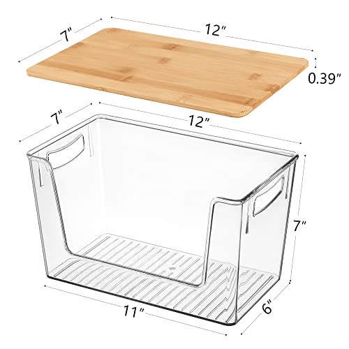 Hudgan Stackable Storage Container Bins Clear Plastic Open Front Storage Bins with Bamboo Lids for Organizing The Home Edit and Cabinet Organizers