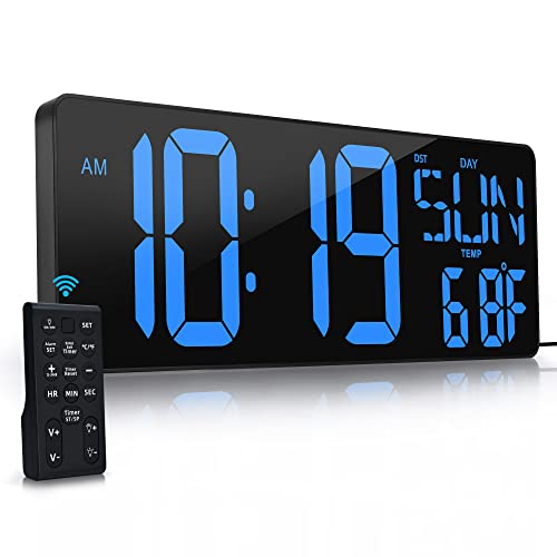 Large Digital Wall Clock with Remote Control 17.2" LED Large Display Timer with Temperature Date Week Auto DST Adjustable Brightness, Big Wall Alarm Clock for Living Room Office Garage Gym Seniors