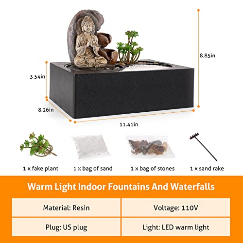 Tabletop Fountain Indoor, WICHEMI Tabletop Waterfall of Zen Garden Buddha Mini Waterfall with LED Warm Light for Office Home and Bedroom Desktop Decor