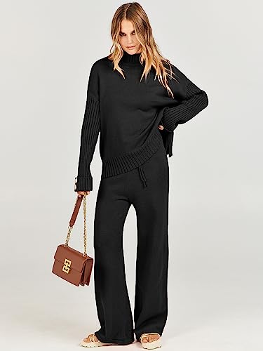 ANRABESS Women's Two Piece Outfits Sweater Sets Long Sleeve Knit Pullover and Wide Leg Pants Lounge Sets 2023 Fall Fashion Clothes Tracksuit Sweatsuit Set Black B1022heise-S