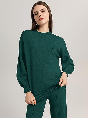 SuperPrity Plus Size Lounge Set for Women High Waisted Long Sleeve Sweatsuit with Pocket Knit Matching Outfits-2XL,Dark Green