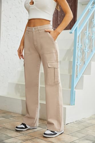 QYANGG High Waist Cargo Pants Women Stretch Baggy Cargo Pants Women Multiple Pockets Relaxed Fit Straight Wide Leg Y2K Pants Khaki