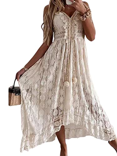 CUPSHE Womens Sleeveless V-Neck Tassel Ruching Dress Lace Up Smocking Ruffle Maxi Dress, X-Small, Beige