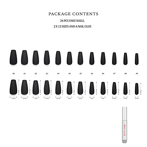 Hypnaughty 24 Pcs Noir Black Matte Luxury Coffin Press on Nails with Glue Medium Long Solid Black Color False Nails (Noir)